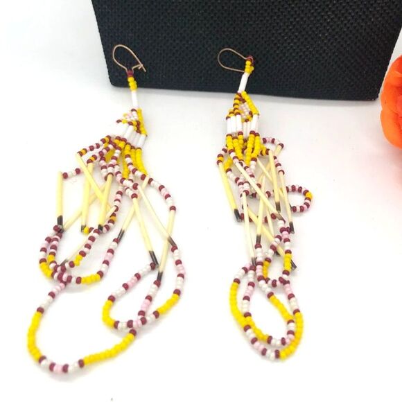 Beaded Drop Earrings Handmade Yellow Red Cream - Picture 6 of 7